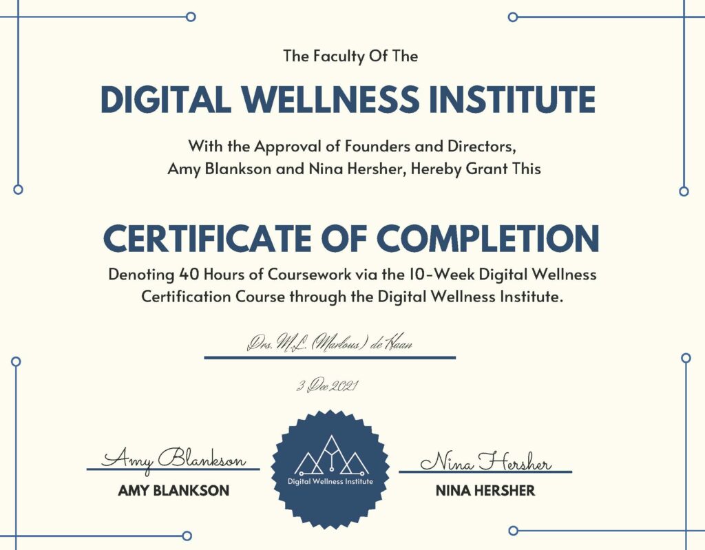 Digital Wellness Institute Certificaat M.L. (Marlous) de Haan